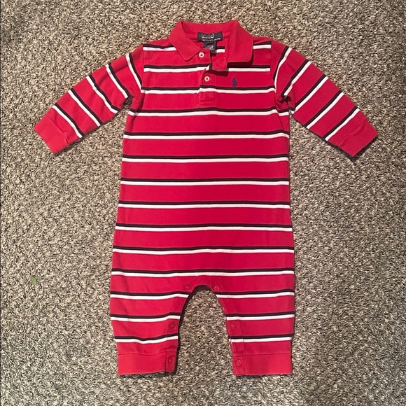 Ralph Lauren Red Striped Collared Onesie - Picture 1 of 3